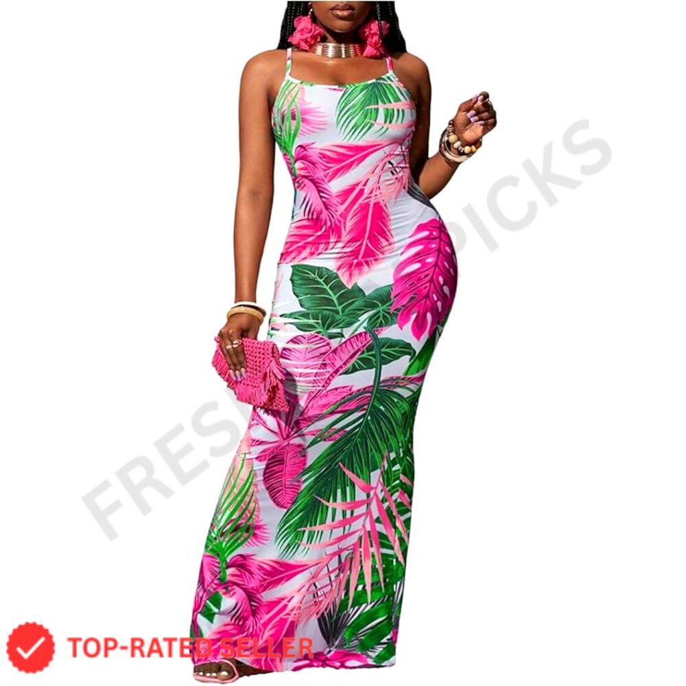 Tropical Print Maxi Dress Spaghetti Strap Bodycon Summer Vacation Long Dresses